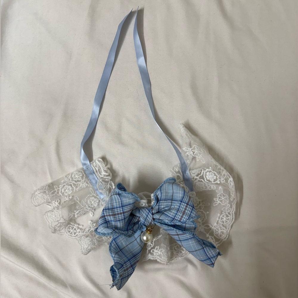 Blue Plaid Bow Lace Necklace Choker